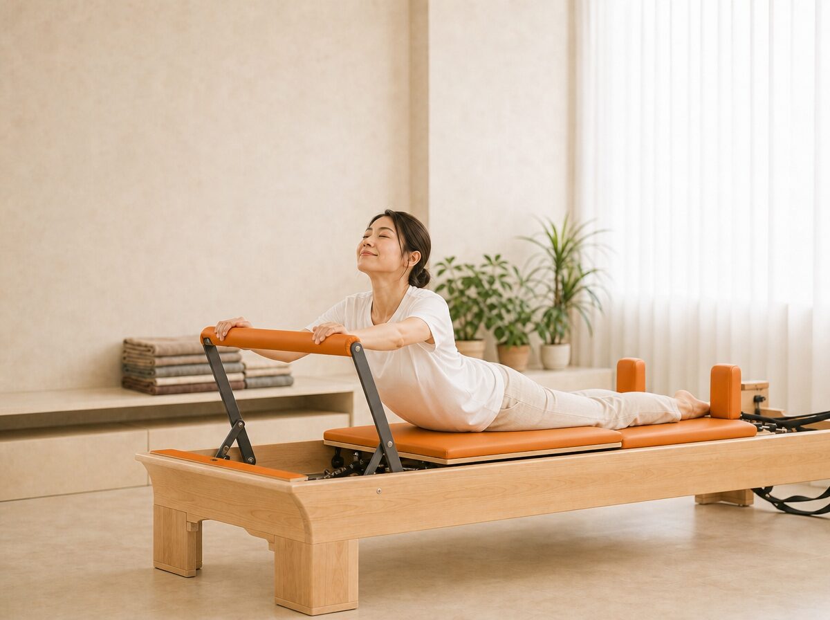 リフォーマーでレッスンを受ける女性