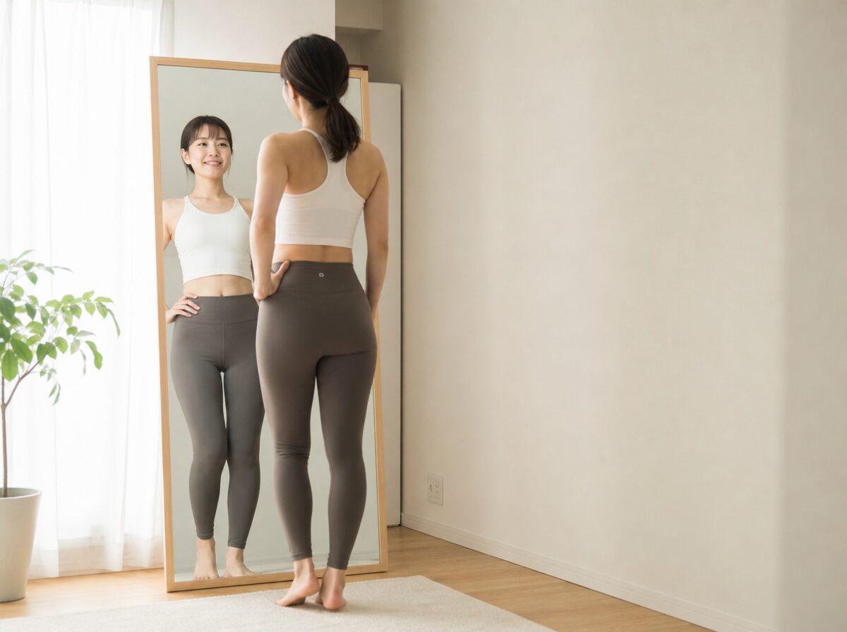 鏡の前で姿勢を確認する女性